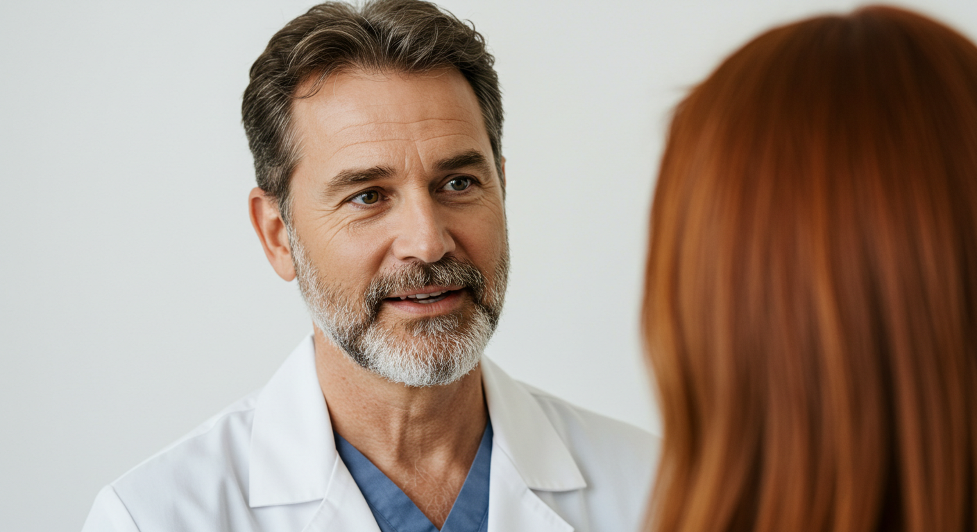 A man in a white coat talking to a woman with red hair.