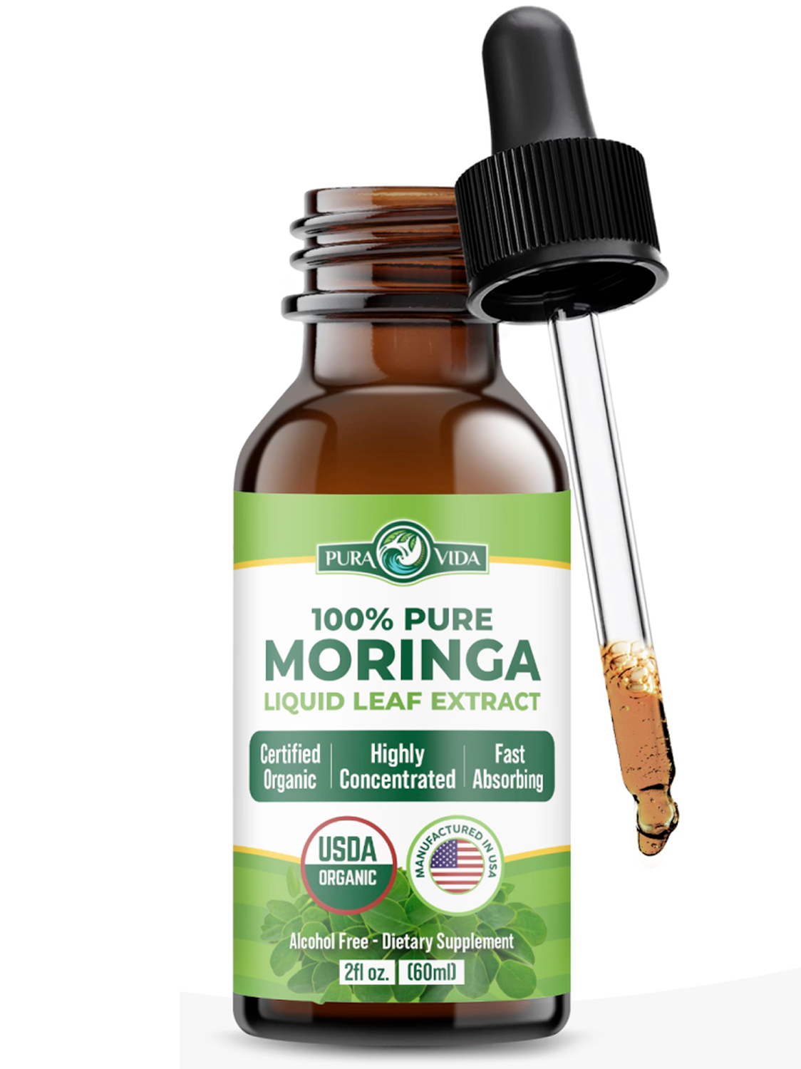 Brown bottle of Moringa liquid leaf extract with a dropper.