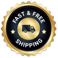 Gold and black badge with 'Fast & Free Shipping' and a truck icon.