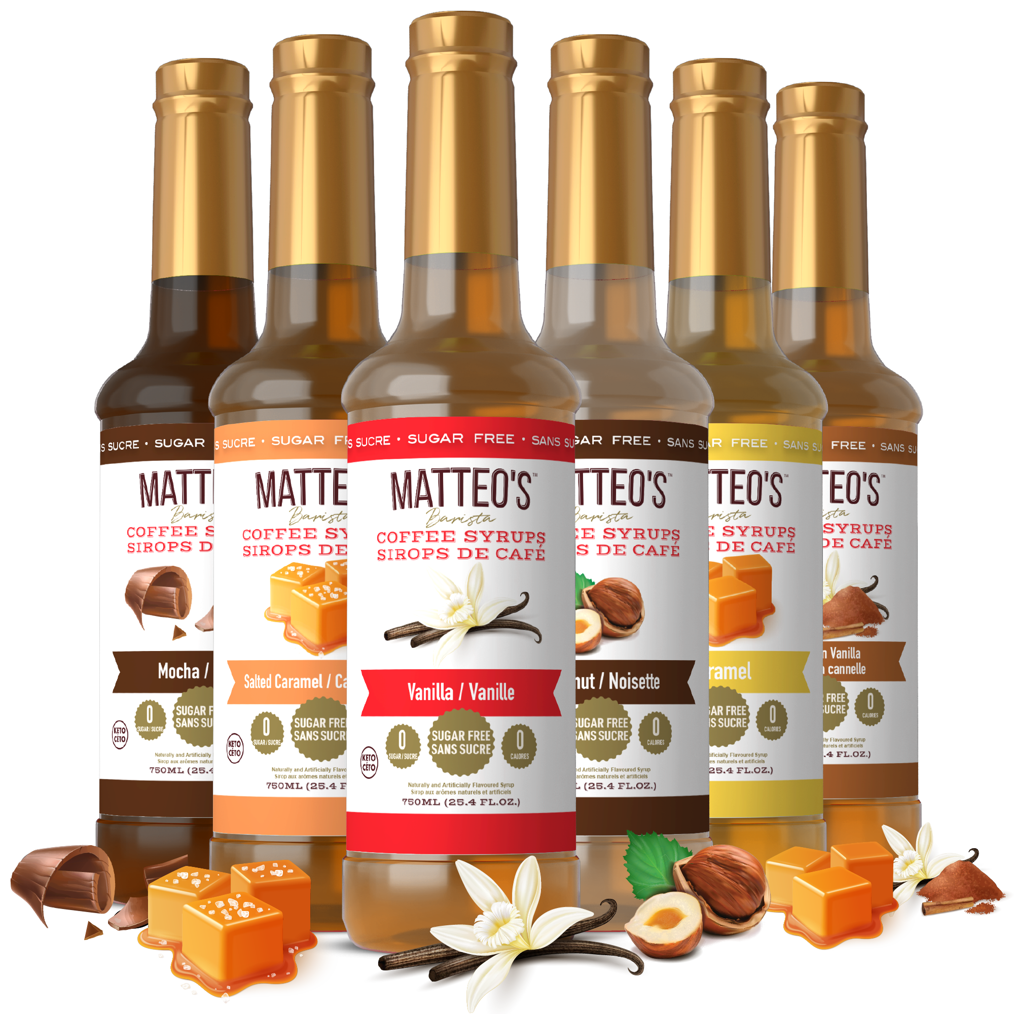 A lineup of Matteo's sugar-free coffee syrups with ingredients like caramel, vanilla, and chocolate.