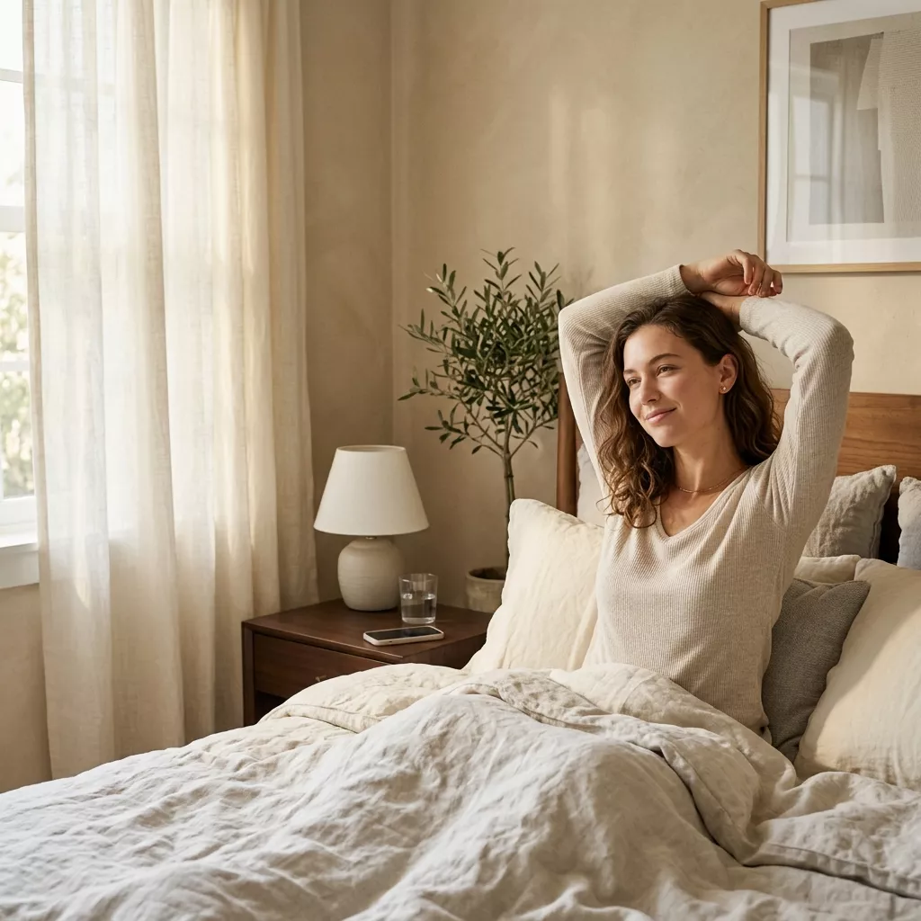 A woman sits up in bed, stretching her arms above her head in a sunlit bedroom.