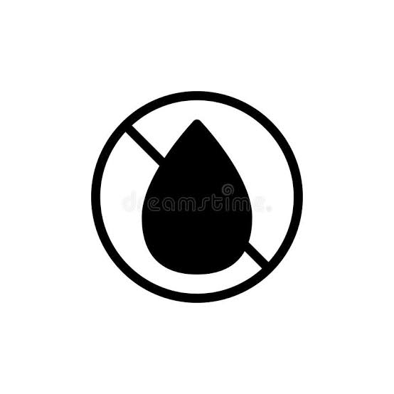A black icon of a water drop crossed out inside a circle, indicating waterproof or no liquids.