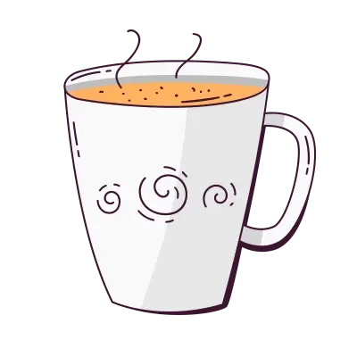 A cartoon illustration of a white mug with a swirl pattern, filled with a steaming hot beverage.