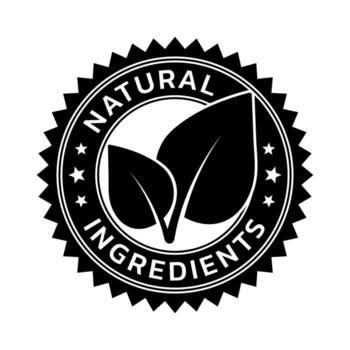 A black and white circular seal with two leaves and the words 'Natural Ingredients' around them.