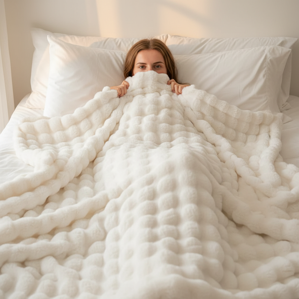 Person lying in bed under a textured white blanket.