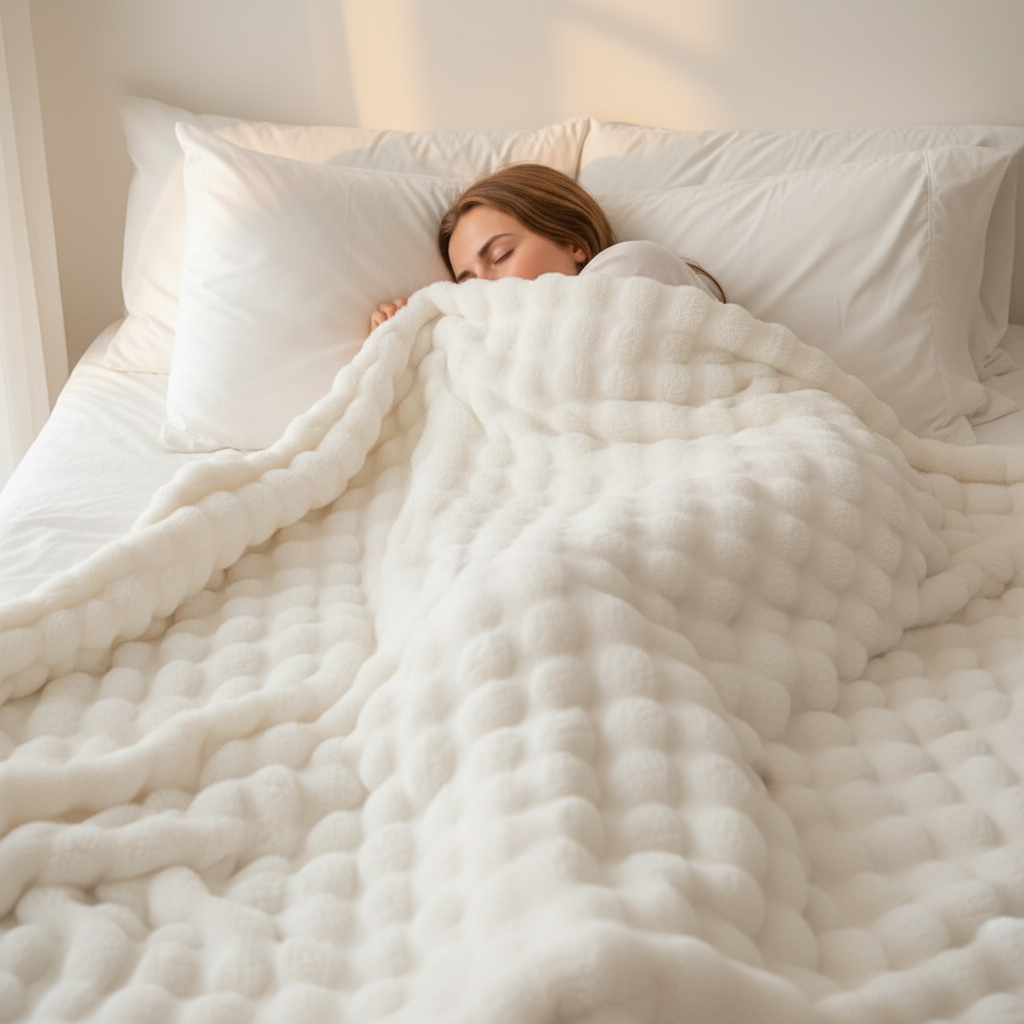 Person sleeping under a textured white blanket on a bed.