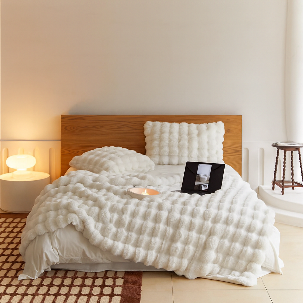 Cozy bedroom with fur blanket, pillows, lamp, and tablet on bed.