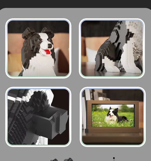 Four images of a pixelated dog model and a framed dog photo.