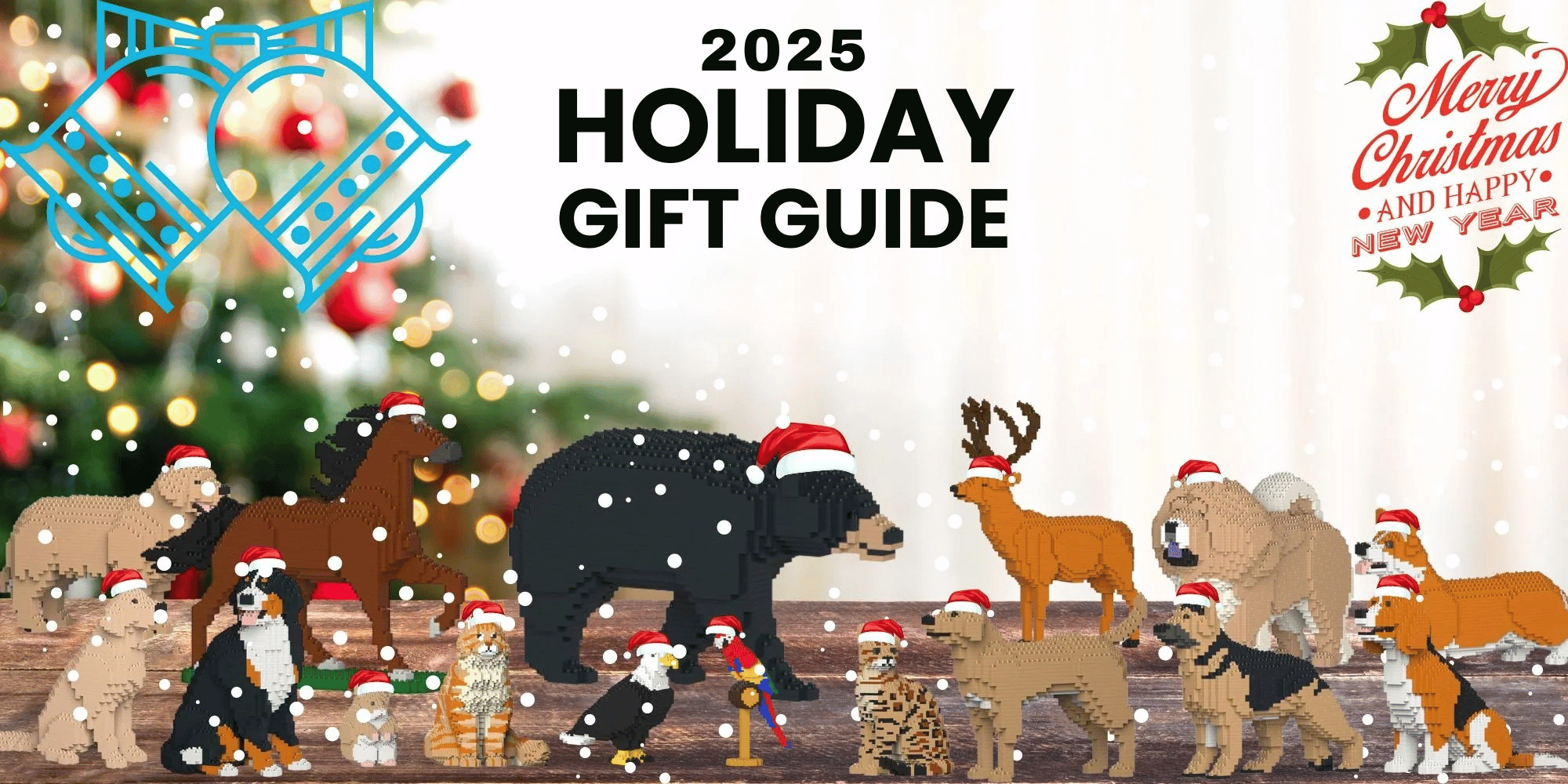 Festive brick animals wearing Santa hats in front of a decorated tree, with holiday text.