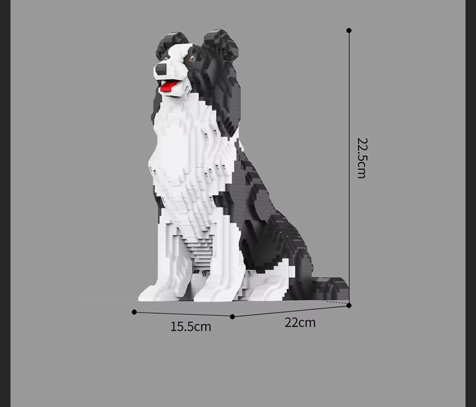 Lego-style black and white dog model with dimensions labeled.
