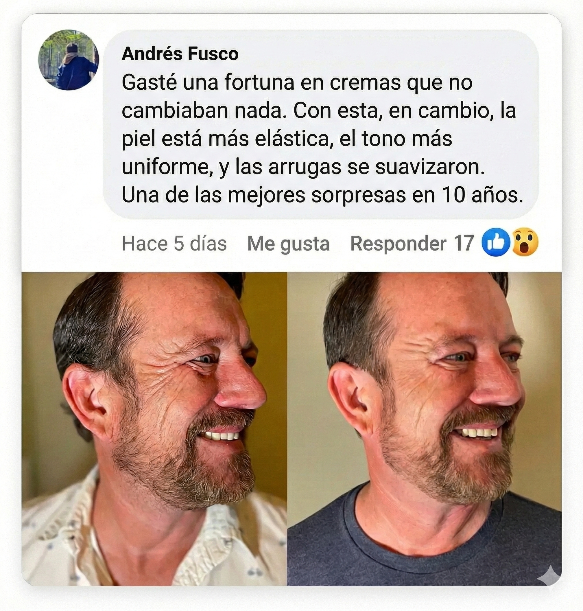 Comparison of a man's face before and after using a product, with a testimonial text.