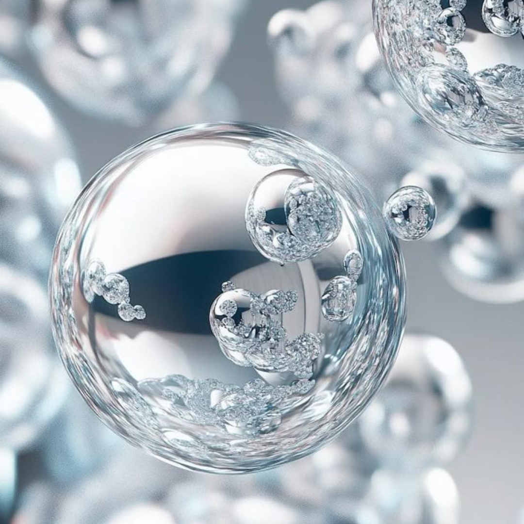 Close-up of transparent bubbles with reflective surfaces.