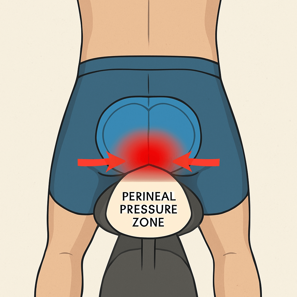 Illustration of perineal pressure zone on a bicycle seat.