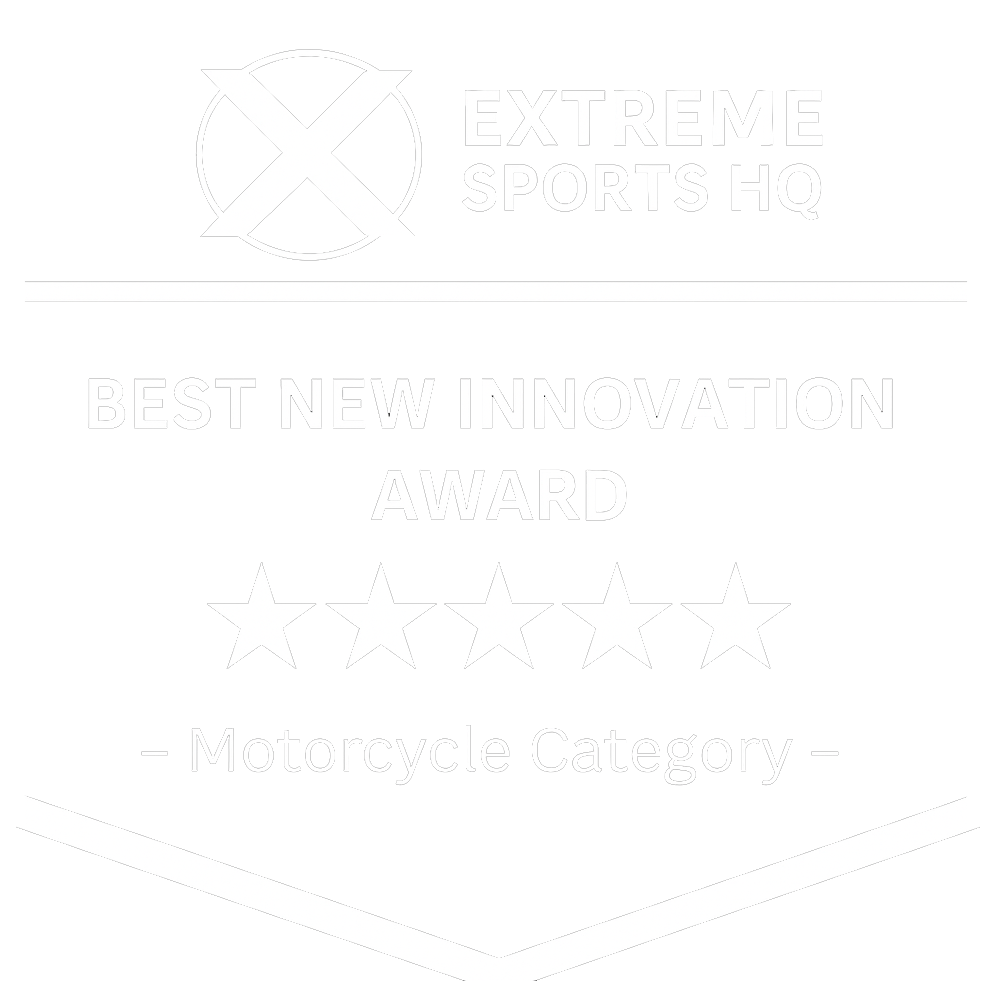 Award badge for Best New Innovation in Motorcycle Category with five stars.