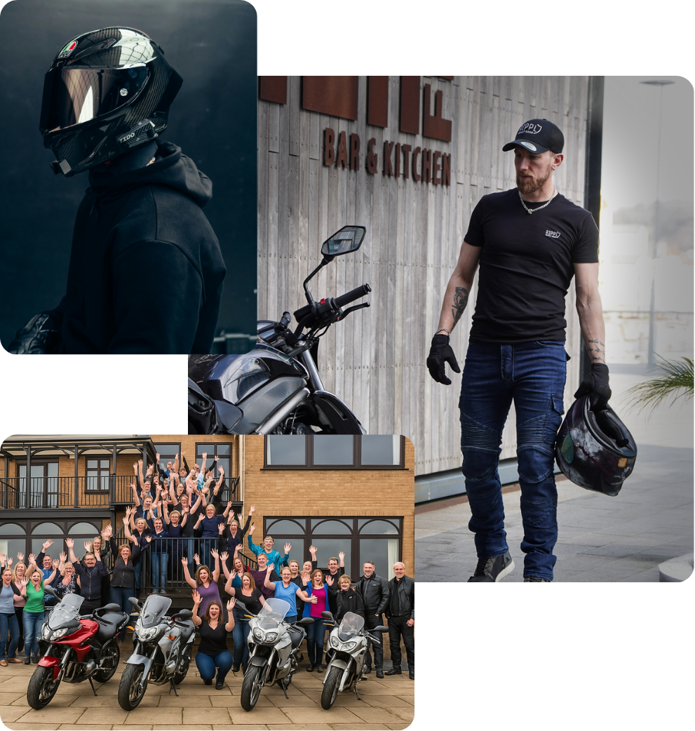 Collage of motorcyclists, motorcycles, and a group of people posing with bikes.