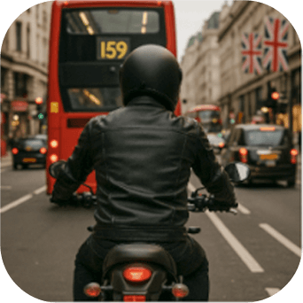 Motorcyclist in black jacket follows a red double-decker bus on a city street.