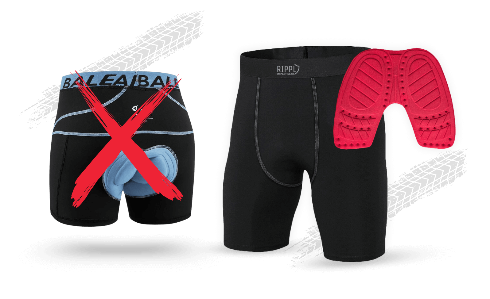 Comparison of two padded shorts, one with a red cross, and a red pad insert.