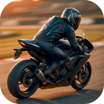 Motorcyclist in black gear riding on a racetrack at sunset.