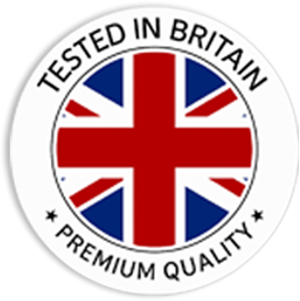 Badge with Union Jack, text 'Tested in Britain, Premium Quality'.