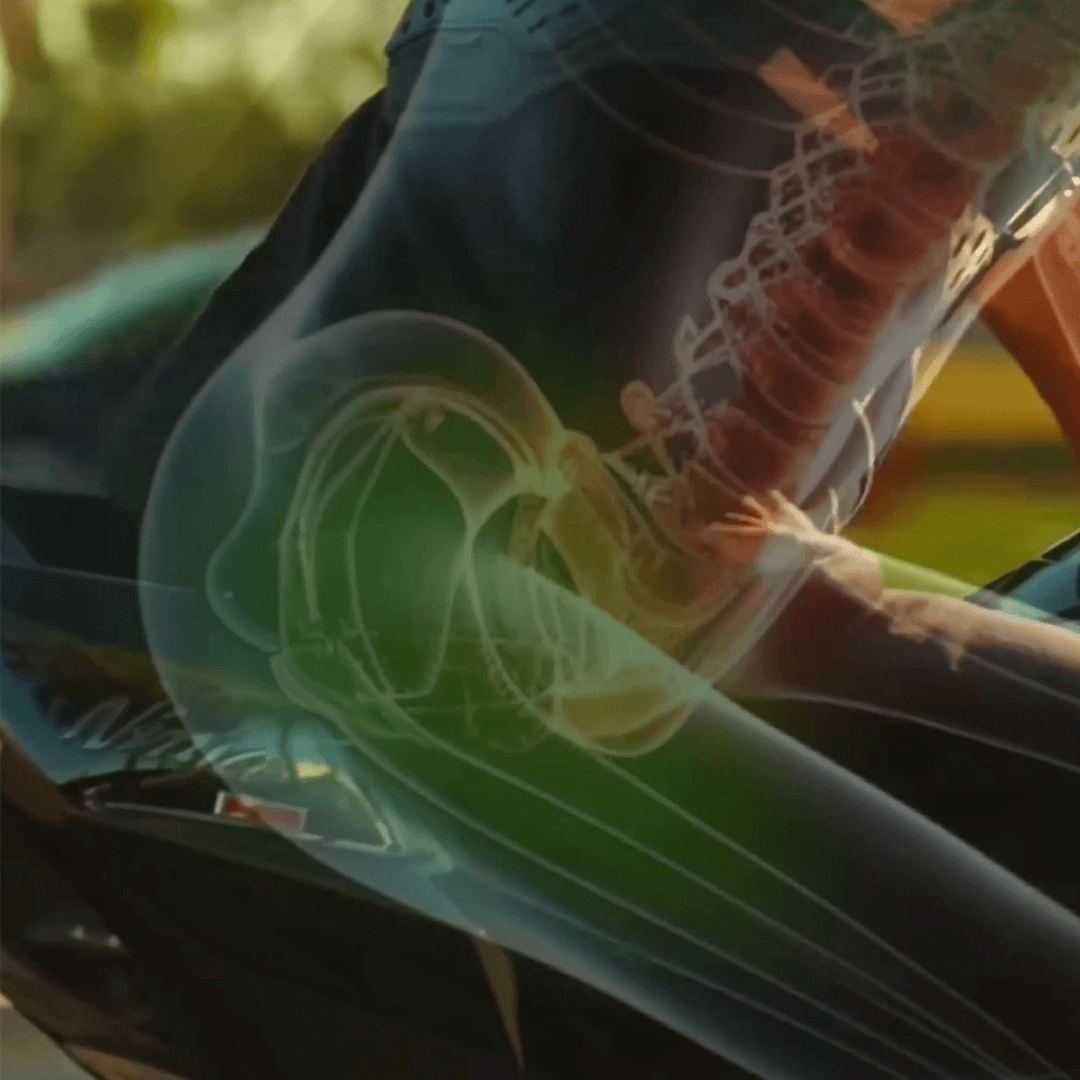 X-ray view of a person riding a motorcycle, showing spine and pelvis.