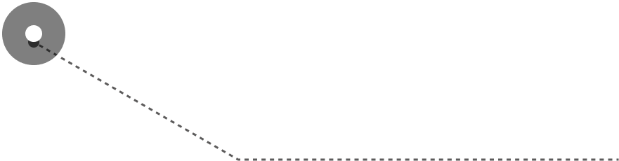 A simple graphic of a gray circle with a white center and a dashed line extending from it.