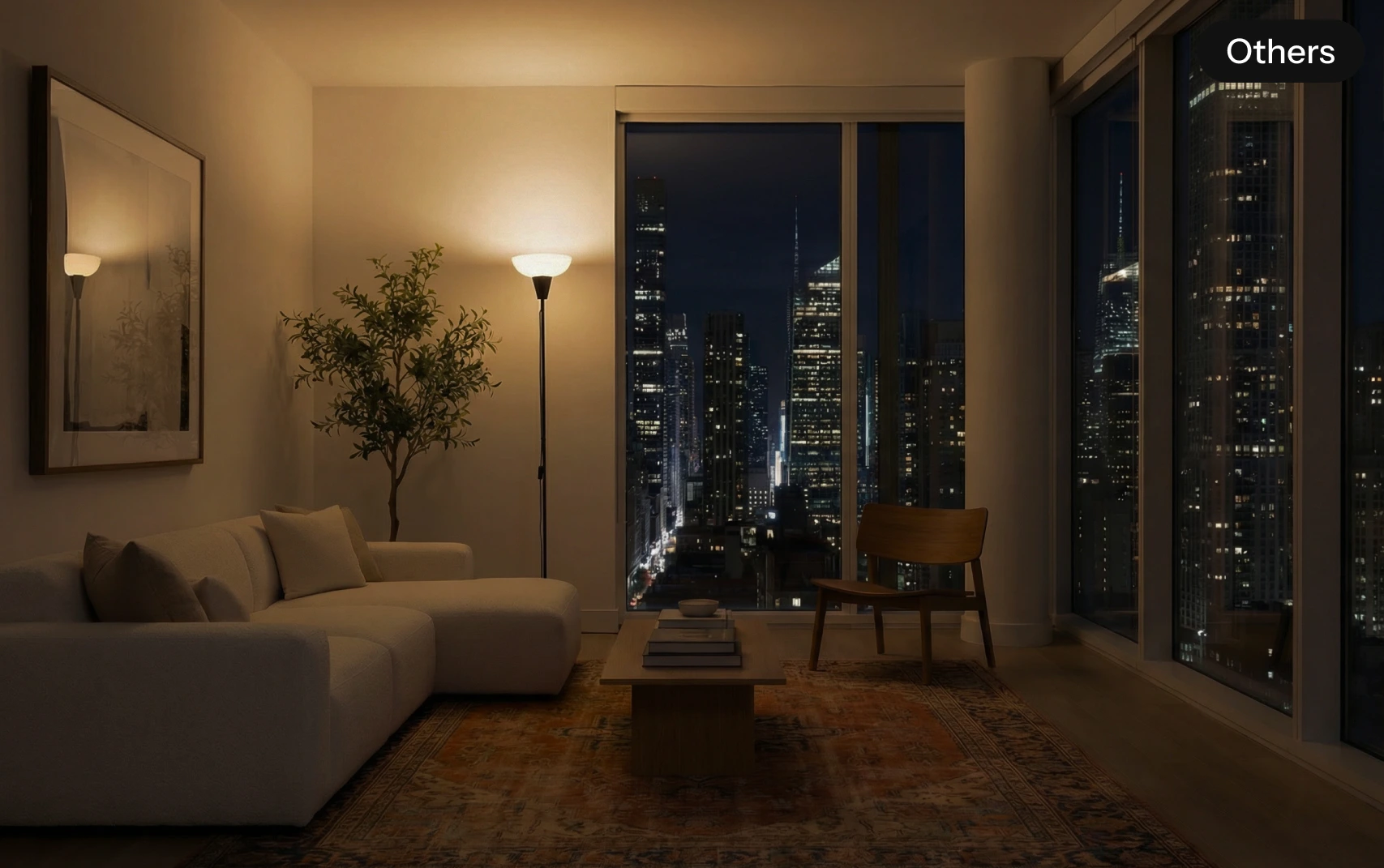 A modern, warmly lit apartment living room with large windows overlooking a sparkling city skyline at night.