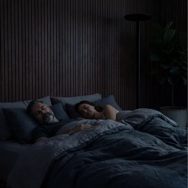 A man and a woman sleep soundly side-by-side in a dimly lit, modern bedroom.