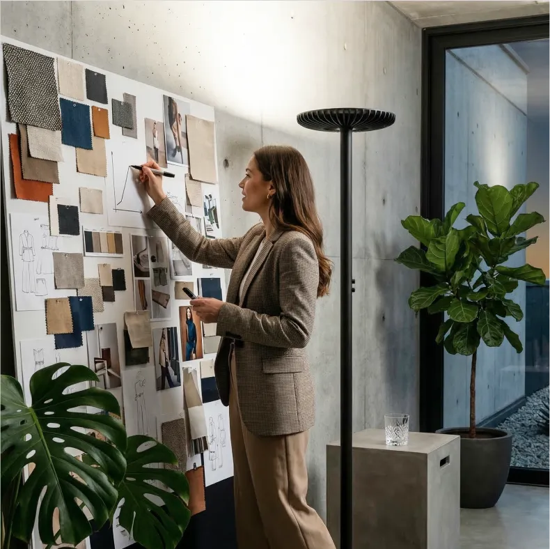 A woman in a blazer draws on a large mood board with fabric swatches and fashion sketches.