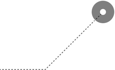 A graphic showing a dashed line leading to a grey circle with a white hole in the center.