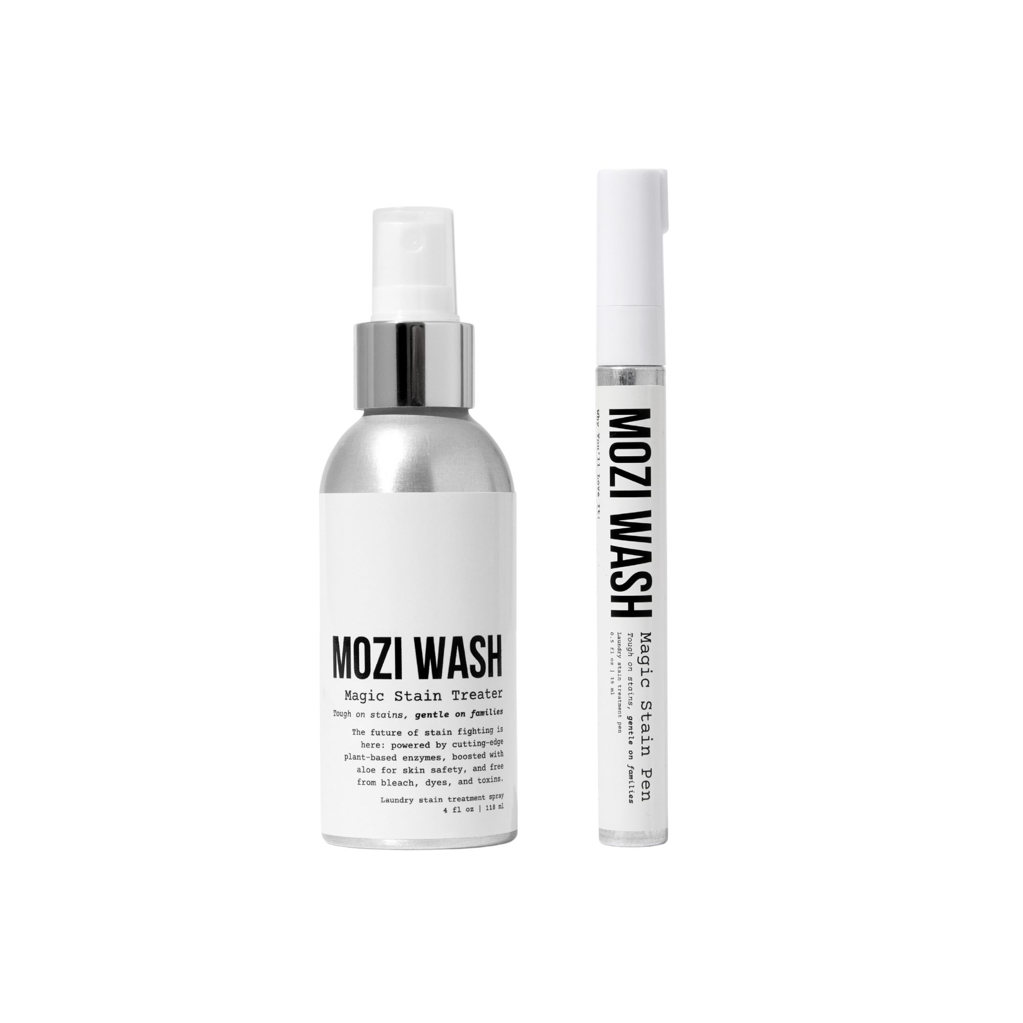 Two Mozi Wash bottles: a spray and a pen for stain treatment.