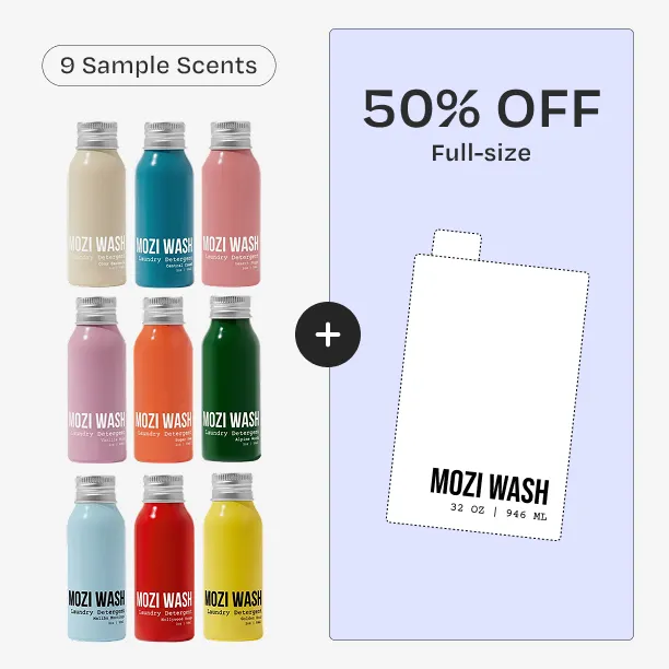 An advertisement showing nine colorful sample bottles of Mozi Wash and an offer for 50% off a full-size bottle.