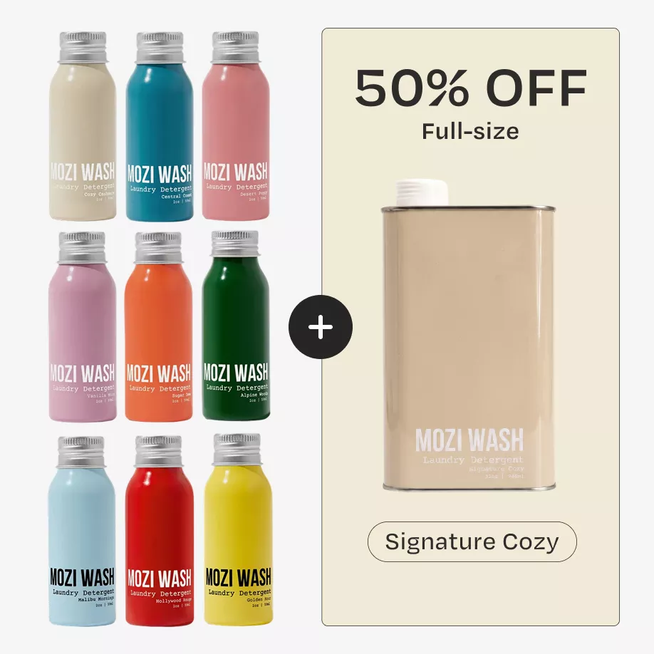 An advertisement for Mozi Wash laundry detergent showing various small colorful bottles and a large canister advertising 50% off.
