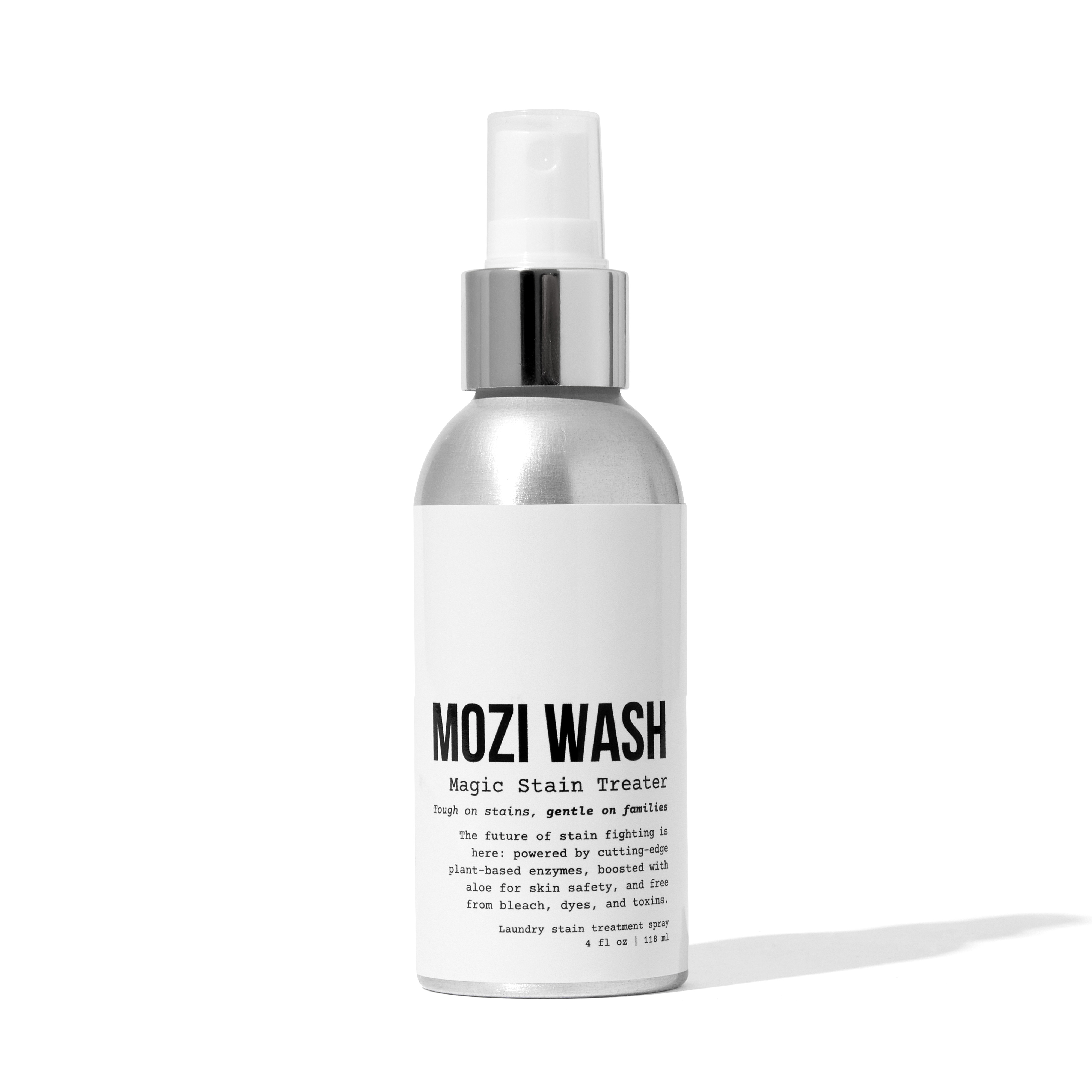 Bottle of Mozi Wash Magic Stain Treater with white label and silver cap.