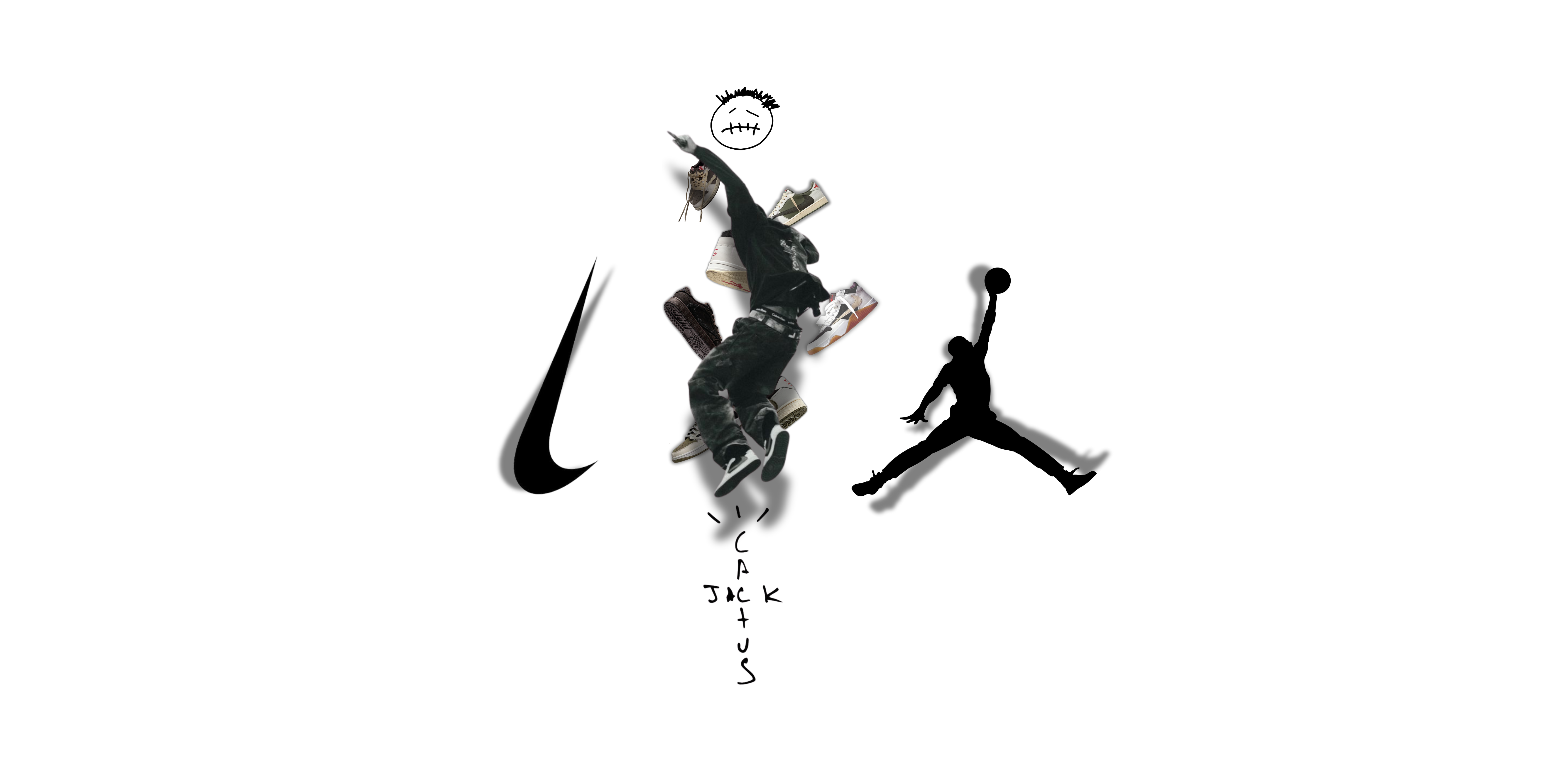 Collage of sneakers, jumping figure, Nike and silhouette basketball logos on white background.