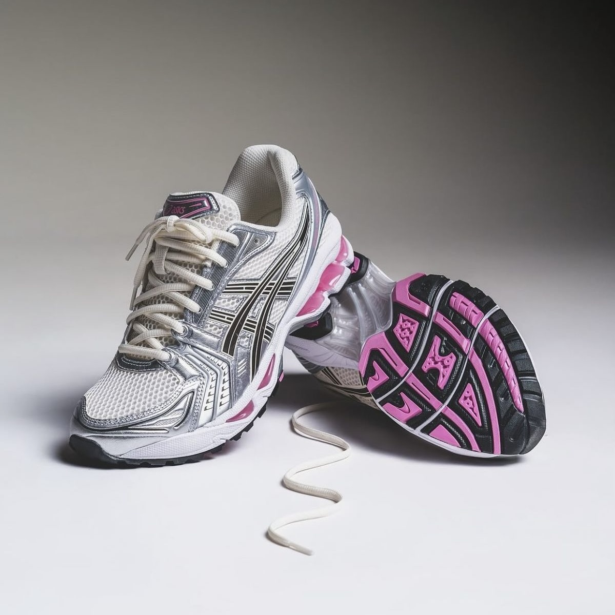 Pair of silver and white athletic shoes with pink soles on a white background.