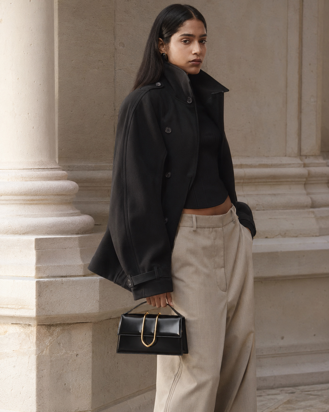 A woman in a black jacket and tan trousers holds a black handbag, standing by a stone column.