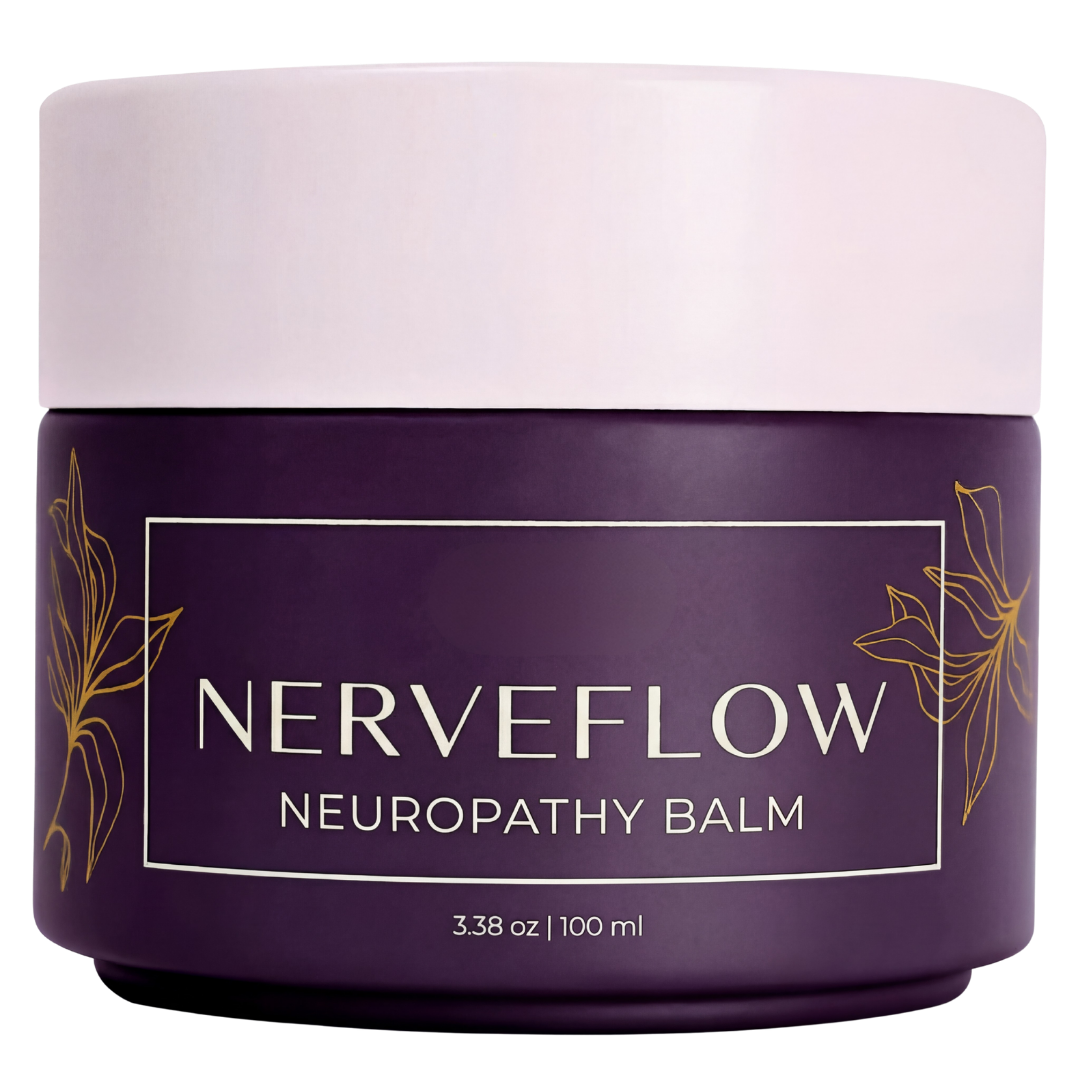 A purple jar of Nerveflow Neuropathy Balm with a light purple lid and gold botanical line art.