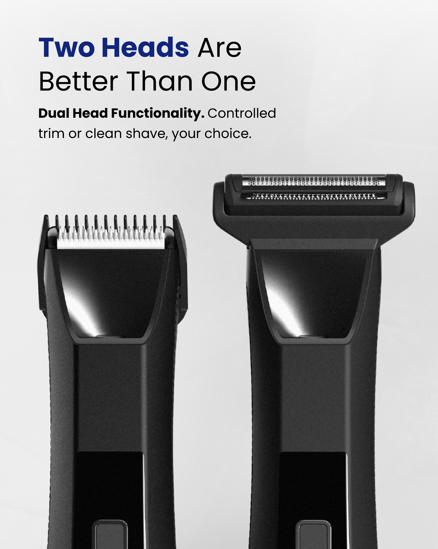 Image of two electric shaver heads labeled 'Two Heads Are Better Than One'.