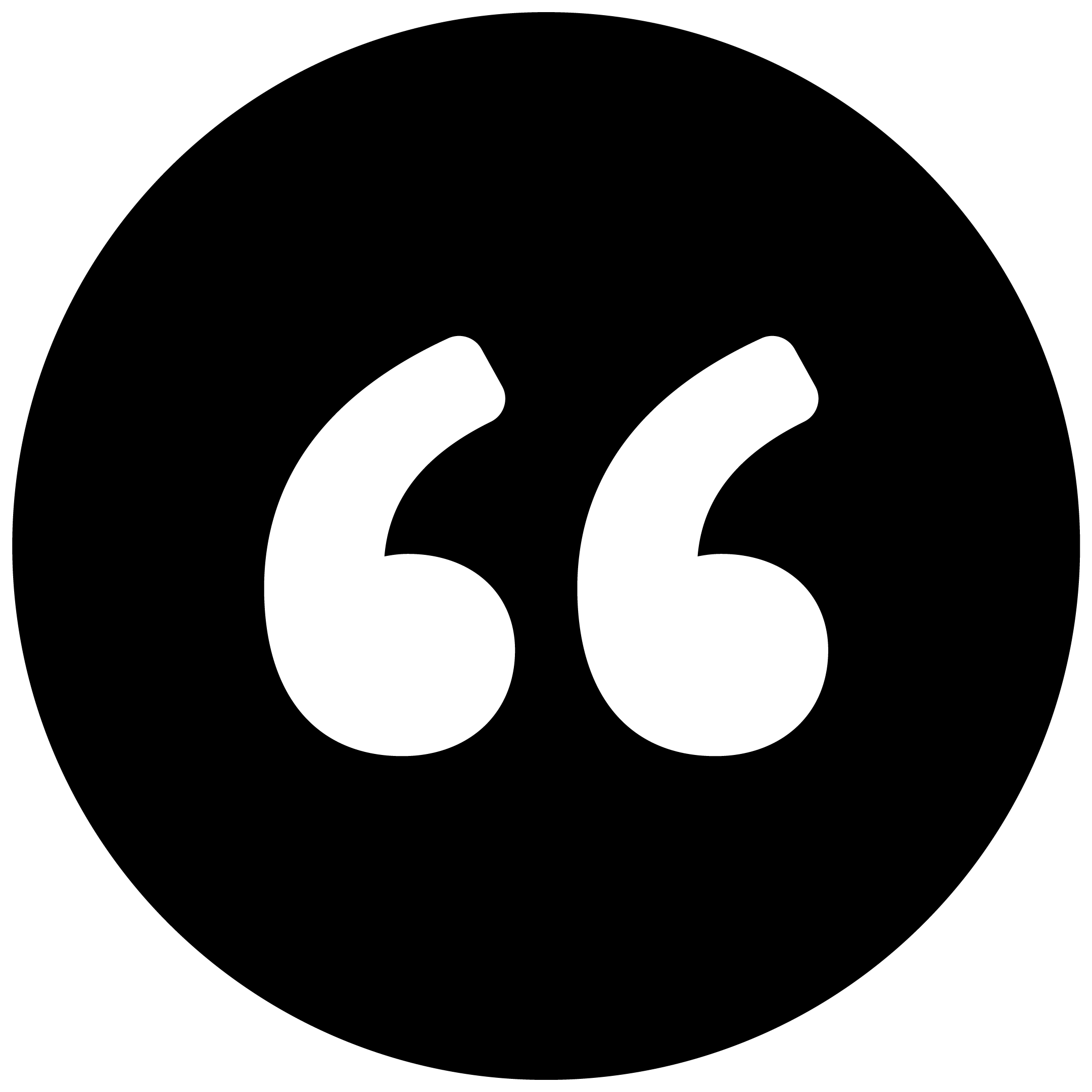 Two white quotation marks in a black circle.