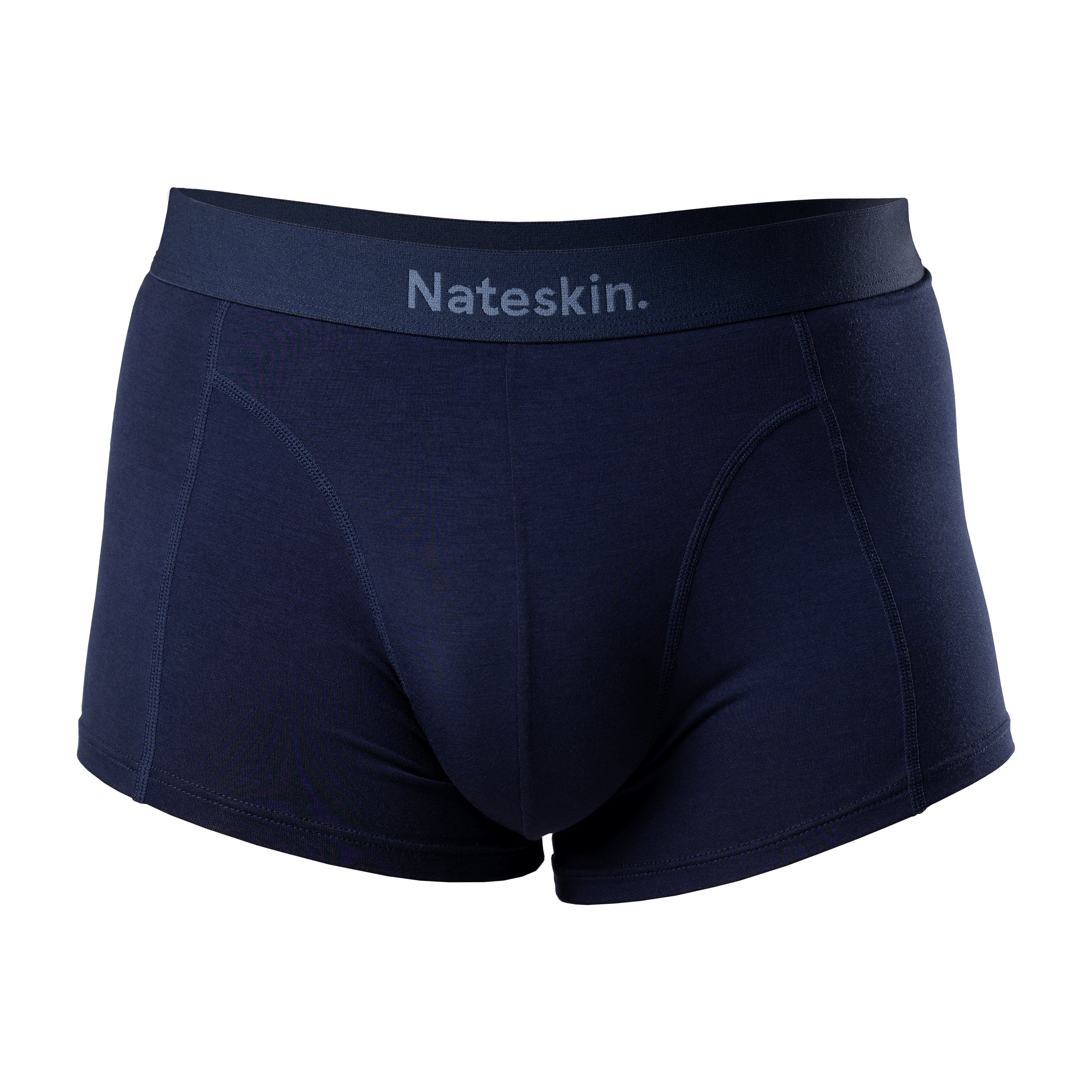 Navy blue boxer briefs with 'Nateskin' waistband logo on a white background.