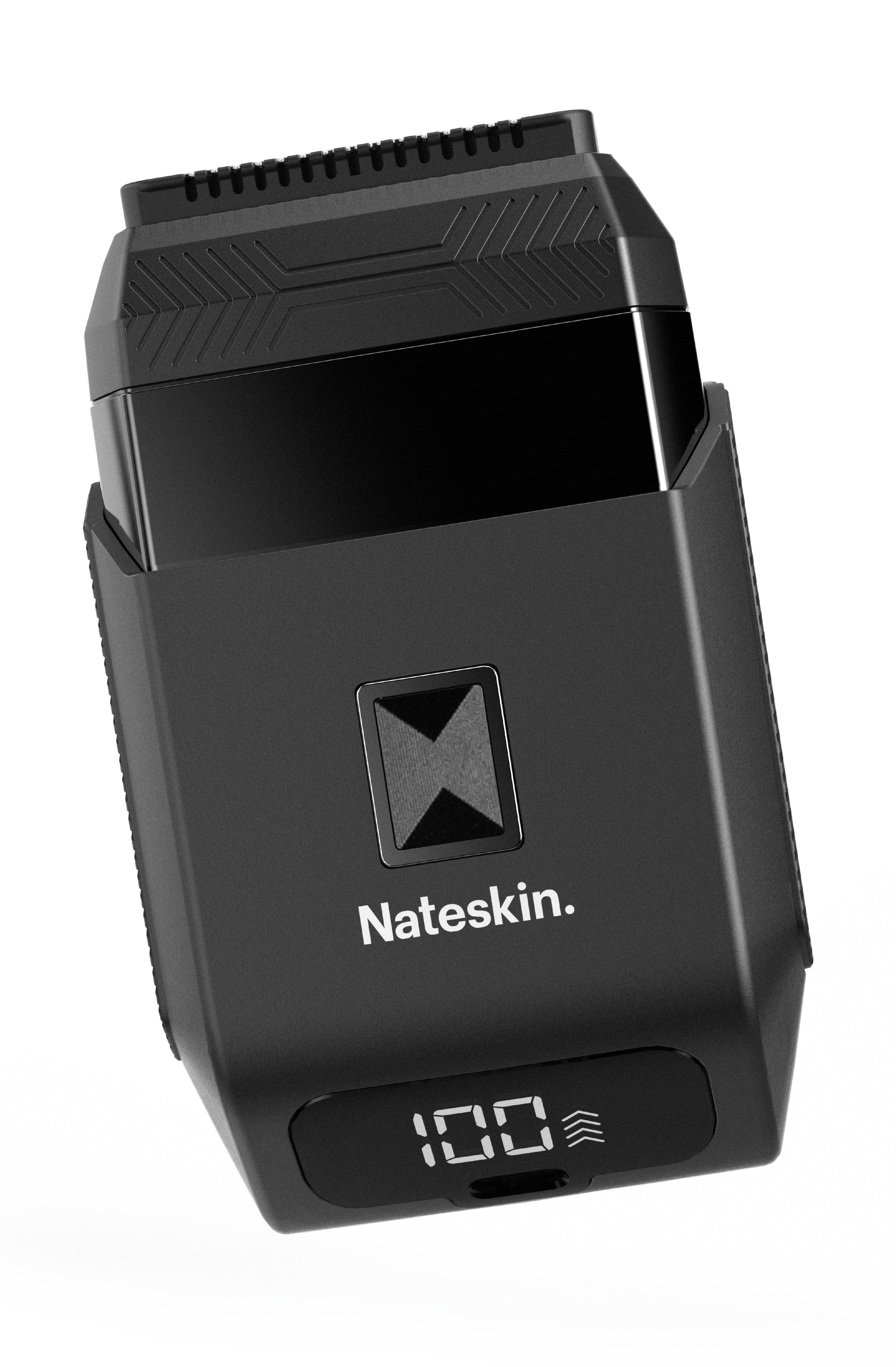 Black digital shaver with display showing '100' and brand name 'Nateskin.'