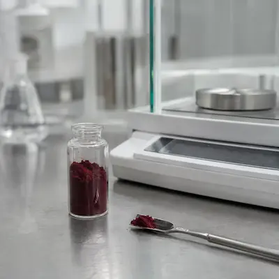 A vial of red powder and a scoop sit on a lab bench next to a digital scale.