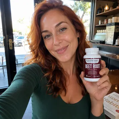 A smiling woman with red hair holds a bottle of Good Science Beet Root supplements in a cafe.
