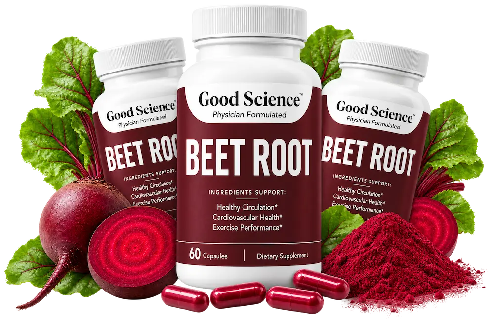 Three bottles of Good Science Beet Root supplements with fresh beets, capsules, and beet root powder.