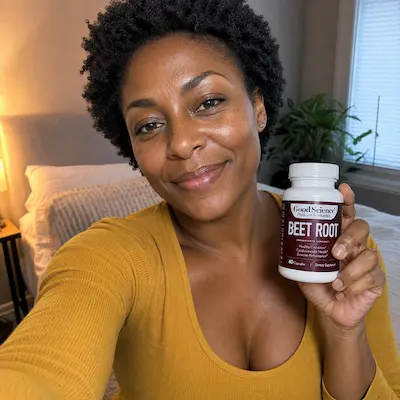 A woman in a yellow shirt smiles while holding a bottle of Good Science Beet Root supplements.