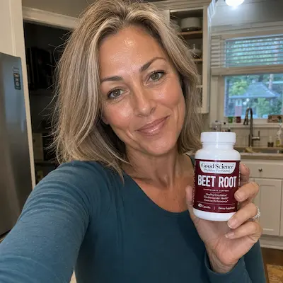A smiling woman holds up a bottle of Good Science Beet Root supplements in a kitchen.