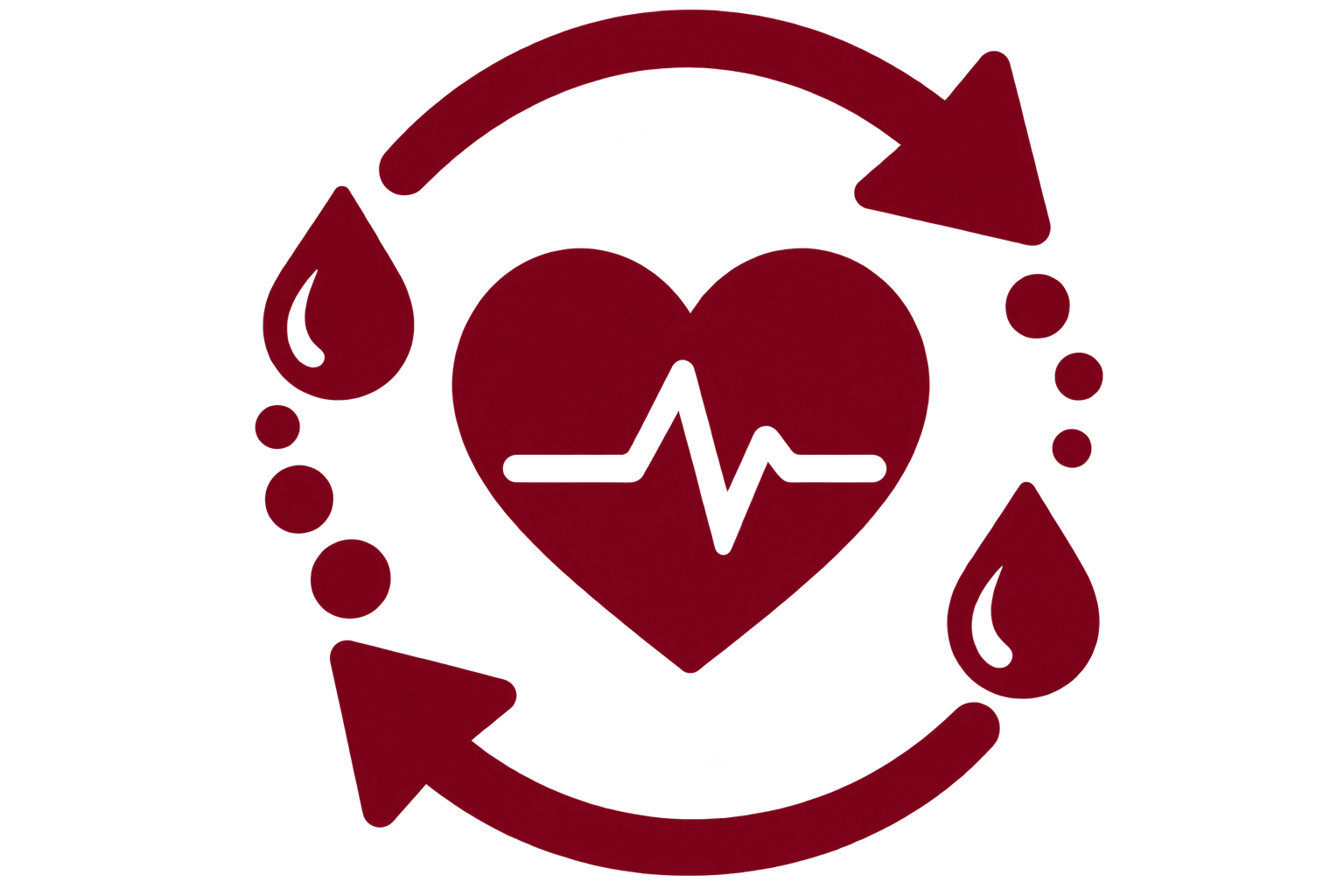 A maroon icon of a heart with a heartbeat line, circled by arrows and blood drops.