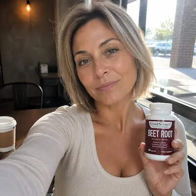 A woman holds up a white bottle of Good Science Beet Root supplements while sitting in a cafe.