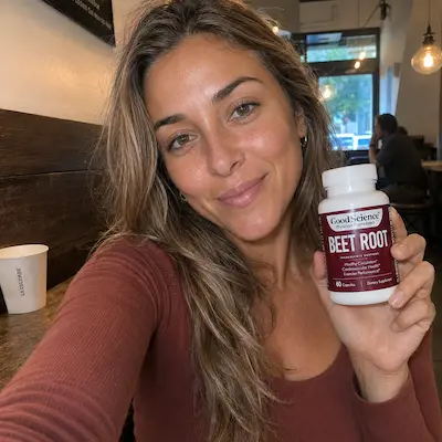 A woman in a cafe holds up a bottle of Good Science Beet Root supplements while taking a selfie.