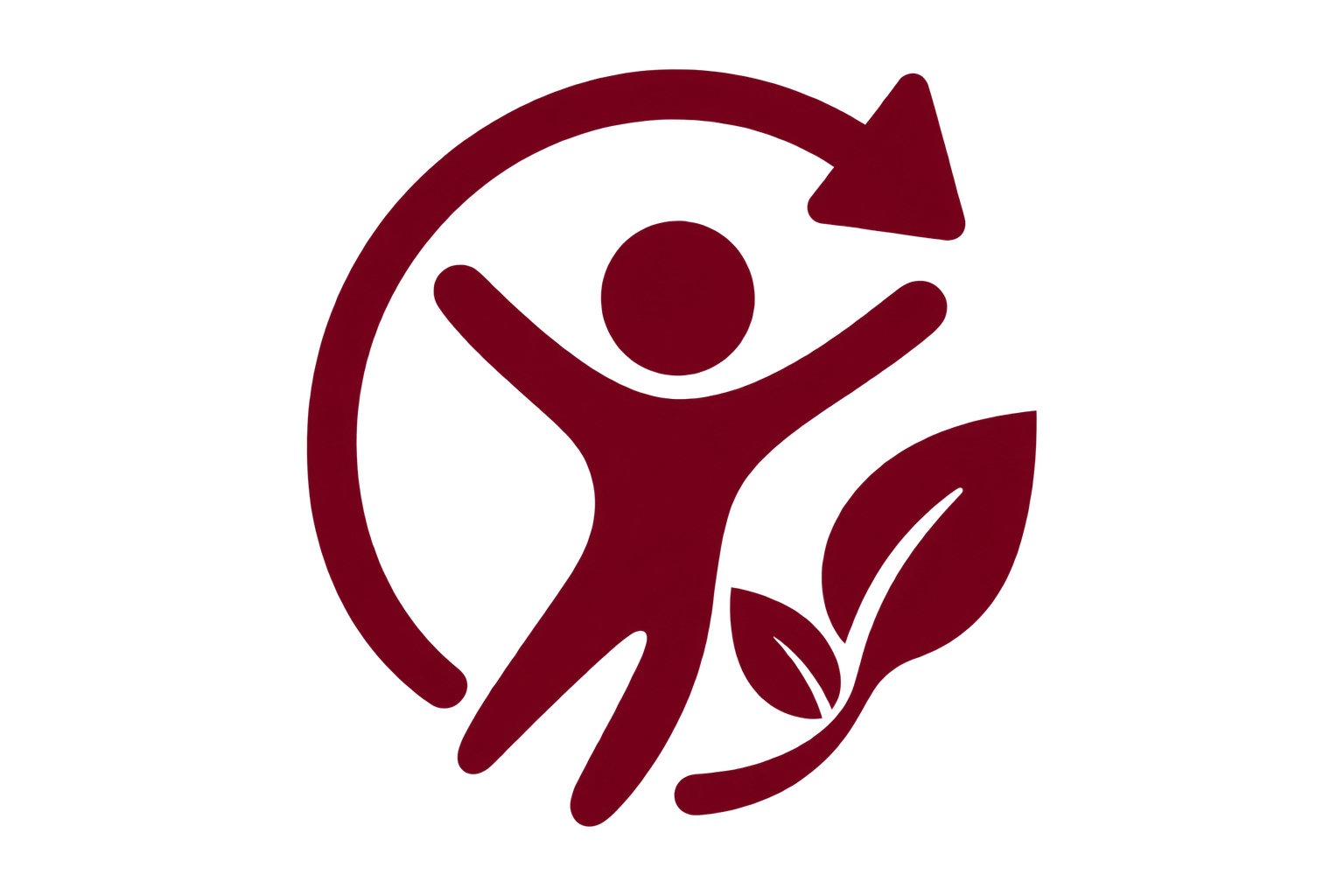 A maroon icon of a person inside a circular arrow with leaves.